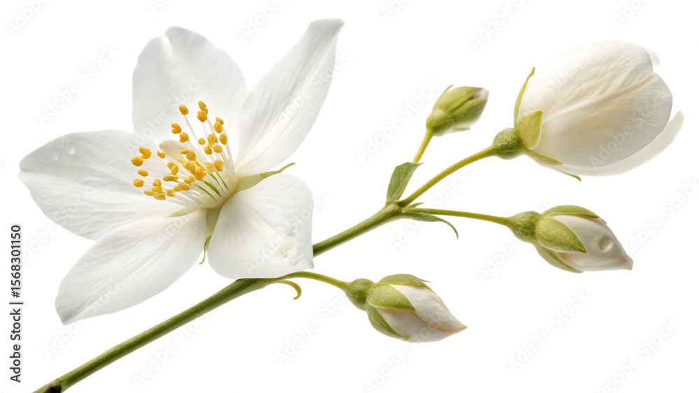 Obraz premium Airborne jasmine blossom and unopened bud isolated on a white background PNG. AI GENERATED.