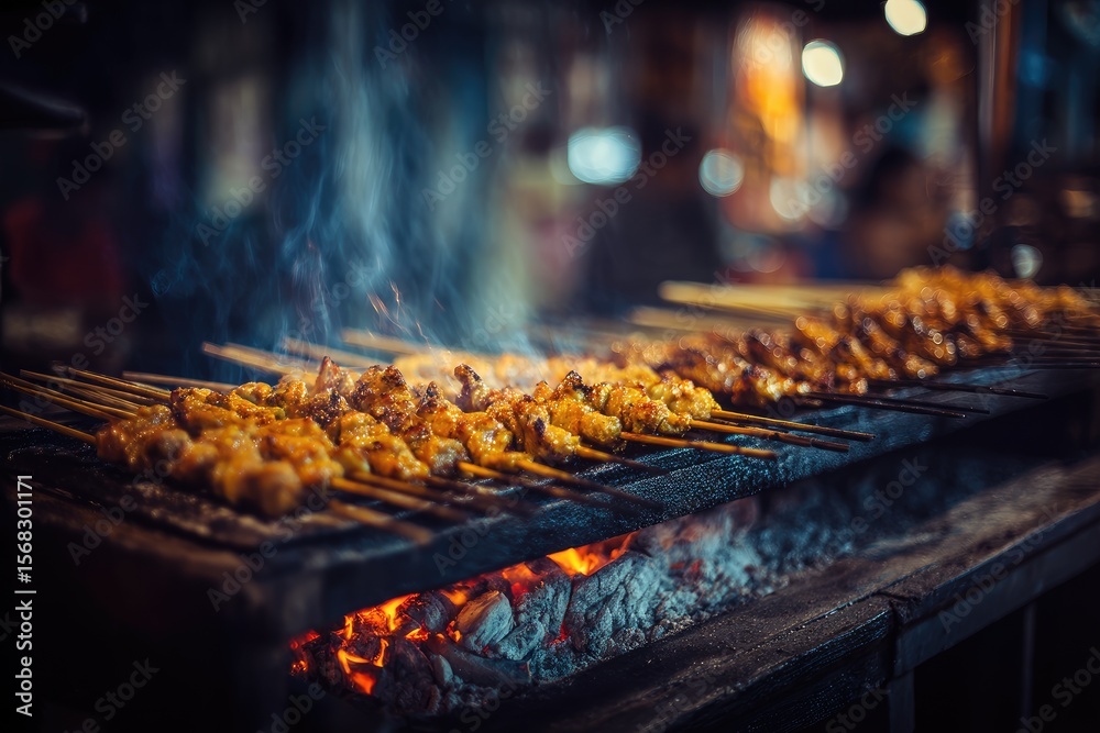 Street food skewers roasting over hot coals Street food skewers roasting over hot coals