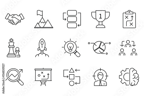 Business strategy web icons. Successful business development, plan and process symbol. Action List, research, solution, team, marketing, business process, management. Vector illustration.