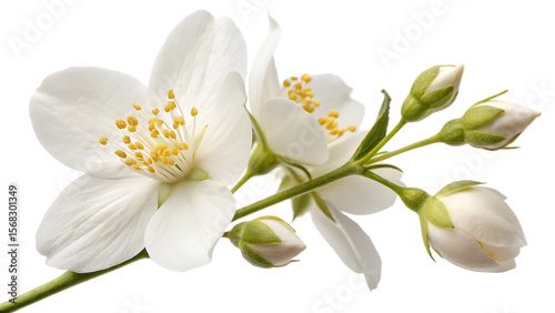 Fototapeta Naklejka Na Ścianę i Meble -  Airborne jasmine blossom and unopened bud isolated on a white background PNG. AI GENERATED.