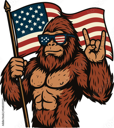 Bigfoot with American Flag and Sunglasses, Funny 4th of July Mascot.