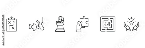 Business strategy web icons. Successful business development, plan and process symbol. Action List, research, solution, team, marketing, business process, management. Vector illustration.