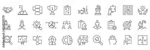 Business strategy web icons. Successful business development, plan and process symbol. Action List, research, solution, team, marketing, business process, management. Vector illustration.