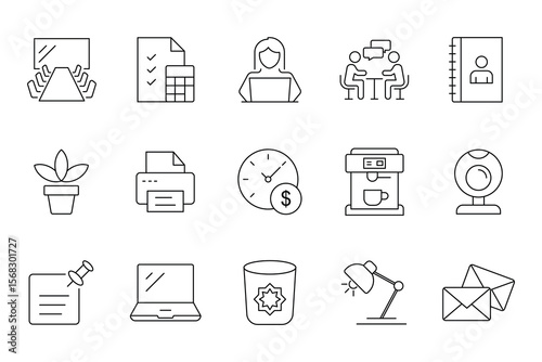Office Workplace icon set. Office, remote working, meeting, co-worker, workspace, desk, computer, business icons and more. Vector illustration.