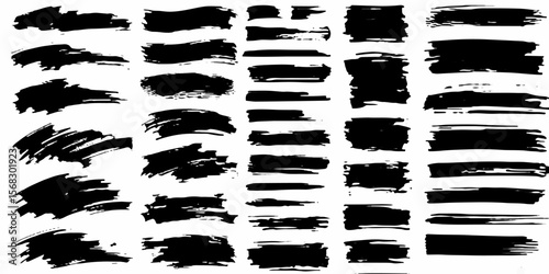 Calligraphy ink strokes set, expressive and dynamic, textured brush edges in black on white Grunge Brush Stroke Overlay Set on Transparent Background