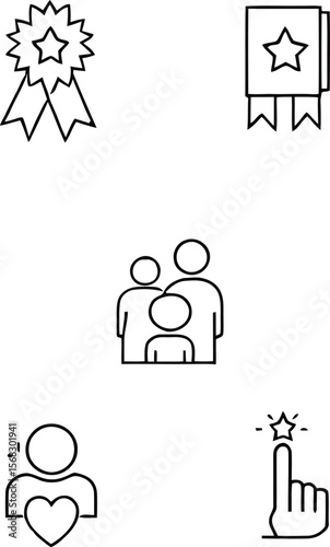 Minimal award and recognition icon set featuring ribbon with star, bookmark, group of people, heart symbol, and hand selecting star in black and white on white background