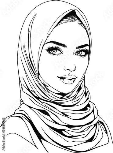 Black and white illustration of a woman wearing a hijab with detailed folds and draped fabric in minimalist line art style on white background