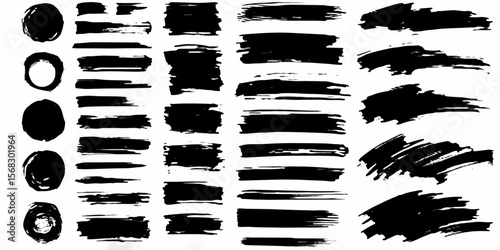 Calligraphy ink strokes set, expressive and dynamic, textured brush edges in black on white Grunge Brush Stroke Overlay Set on Transparent Background