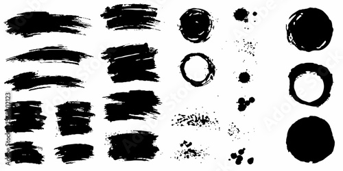 Calligraphy ink strokes set, expressive and dynamic, textured brush edges in black on white Grunge Brush Stroke Overlay Set on Transparent Background