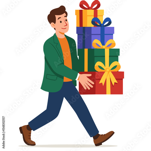 Man walking with colorful stack of gift boxes, flat cartoon illustration in festive tones, concept for Gift Day or holiday celebration