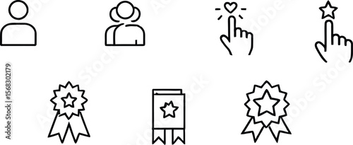 Minimal user interface and recognition icon set featuring person, headset, hand gestures, heart, star, ribbon, and certificate symbols in black and white on white background