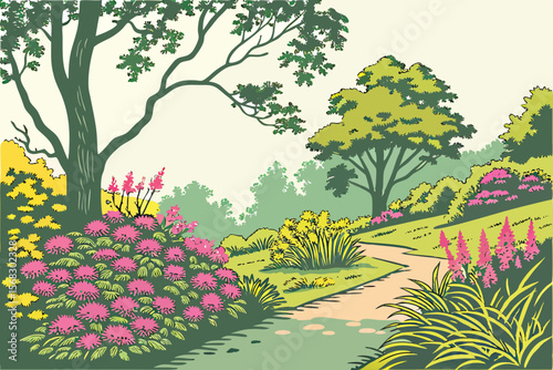 colorful vibrant flowers, spring nature foliage, summer lush botanical garden landscape, abstract floral pattern, digital art, minimalistic, vector illustration