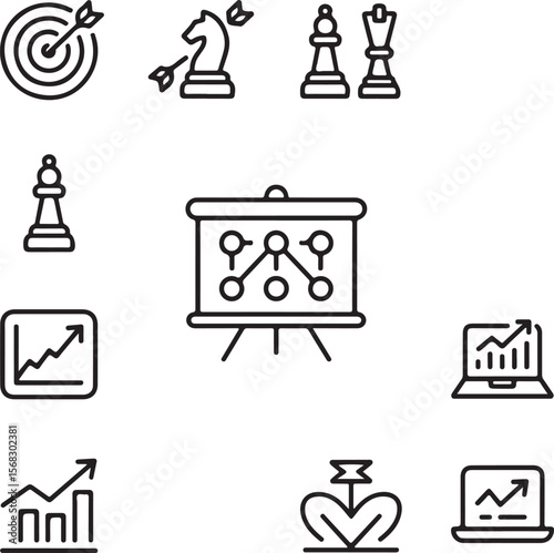 Strategic Planning Icons Business Growth, Target Achievement, and Chess Strategy Illustrations