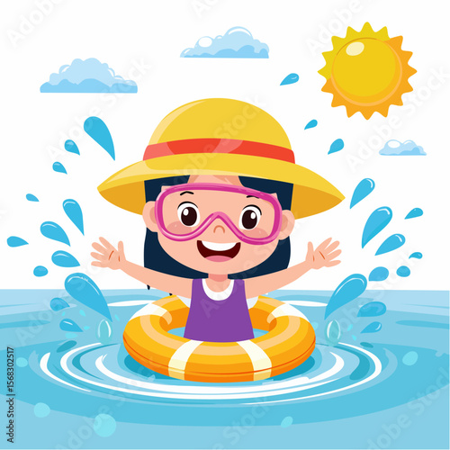 A cheerful kid splashes playfully in a sunny pool, wearing inflatable floaties and a summer hat, enjoying the carefree thrill of water fun on a hot day