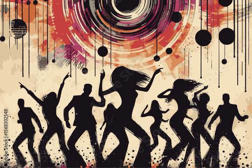 Silhouettes of people energetically dancing against a dynamic and colorful abstract artistic background, evoking a sense of joy, rhythm, and celebration