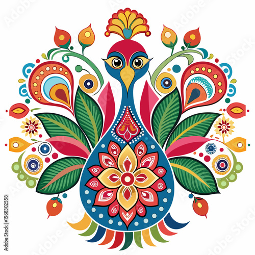 Colorful Traditional Peacock Alpona Vector Design