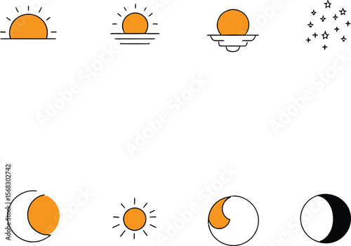 Minimal sun and moon icon set featuring sunrise, midday sun, sunset, stars, crescent moon, and solar eclipse phases in black and white on white background