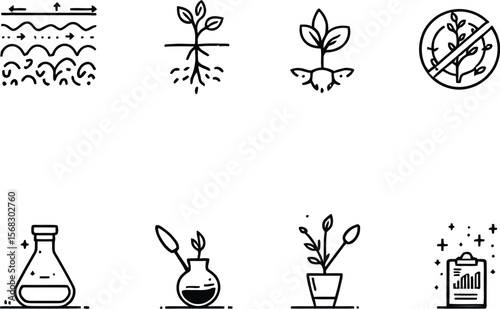 Minimal plant growth and biotechnology icon set featuring soil layers, root systems, lab flask, pipette, potted plant, and scientific experimentation symbols on white background