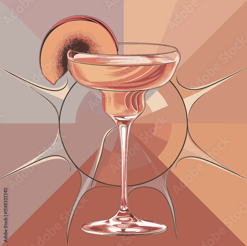 Bellini cocktail with peach, vector illustration in retro Pop art style with warm pastel tones