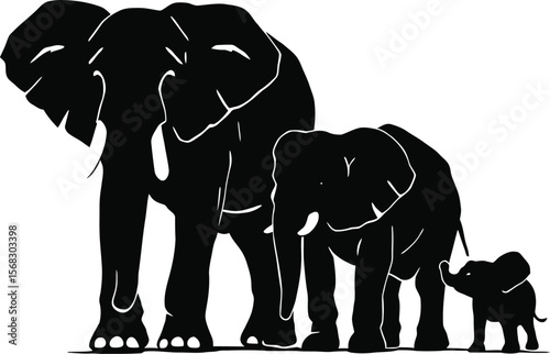 Black elephant silhouette illustration featuring adult, juvenile, and baby elephants in a line with trunks extended, symbolizing family and growth on white background