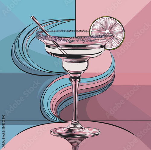 Daiquiri cocktail, vector illustration in pink and blue Pop art modern design