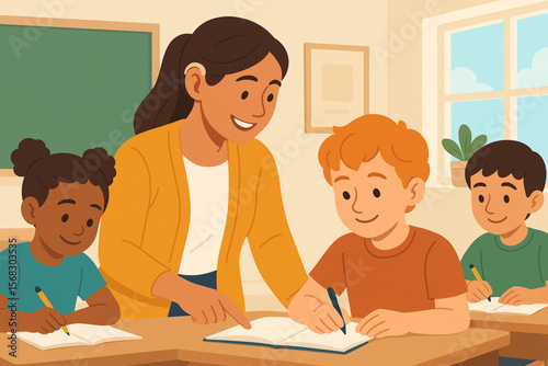 Vector Illustration of Female Teacher with Hearing Aid Helping Students in Bright Classroom