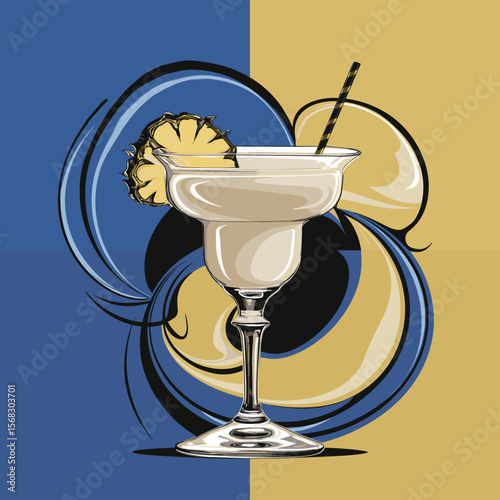 Pina colada cocktail, vector illustration in modern Pop art style with blue and yellow tones