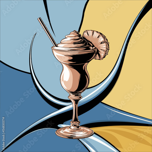 Pina colada cocktail, vector illustration in modern Pop art style with blue and yellow tones