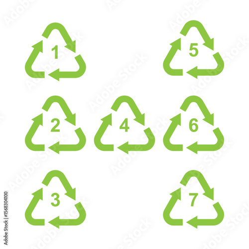 Recycle symbol set with recycling code or resin identification codes. Icons identify the material an item is made of to assist in recycling. The codes 1 through 7 are used for plastics. Vector.