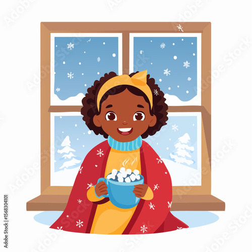 A peaceful child sits wrapped in a cozy blanket, holding hot cocoa and watching the world outside through the window on a calm winter day