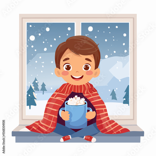 A peaceful child sits wrapped in a blanket by a window, sipping hot cocoa on a chilly day�embracing solitude, comfort, and quiet winter reflection