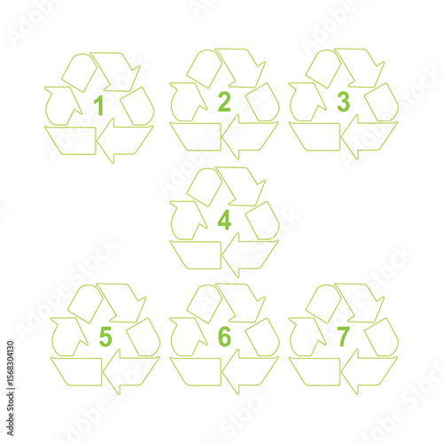 Recycle symbol set with recycling code or resin identification codes. Icons identify the material an item is made of to assist in recycling. The codes 1 through 7 are used for plastics. Vector.