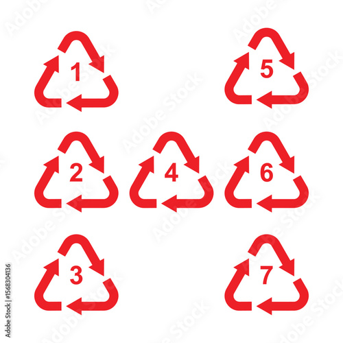 Recycle symbol set with recycling code or resin identification codes. Icons identify the material an item is made of to assist in recycling. The codes 1 through 7 are used for plastics. Vector.