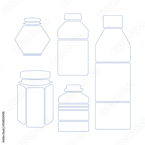 Bottle and jars icon set outline. Plastic bottles and glass jars. Mineral water. Bottled beverage, cream, pills, powder, colon line bottles symbol. Vector.
