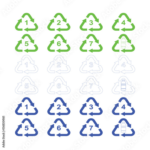 Recycle symbol set with recycling code or resin identification codes. Icons PET, PETE, HDPE, PVC, LDPE, PP, PS and OTHER. Made of to assist in recycling. Vector.