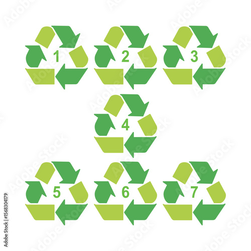 Recycle symbol set with recycling code or resin identification codes. Icons PET, PETE, HDPE, PVC, LDPE, PP, PS and OTHER. Made of to assist in recycling. Vector.