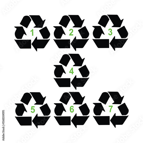 Recycle symbol set with recycling code or resin identification codes. Icons PET, PETE, HDPE, PVC, LDPE, PP, PS and OTHER. Made of to assist in recycling. Vector.