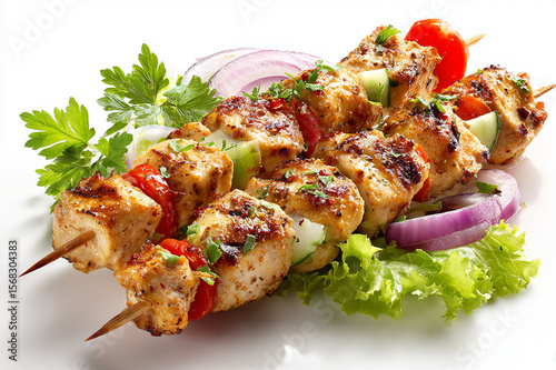 Juicy grilled Lebanese chicken shish tawook with spices on white background close up