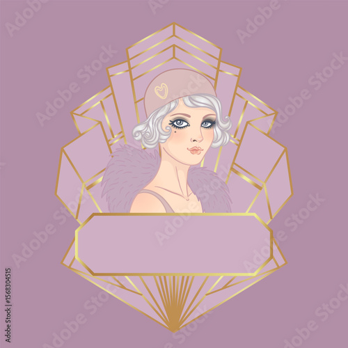 Art Deco design template with elegant flapper girl, geometric shapes, and decorative elements in dusty rose and gold tones. Perfect for invitations, fashion branding, events, or digital decor.