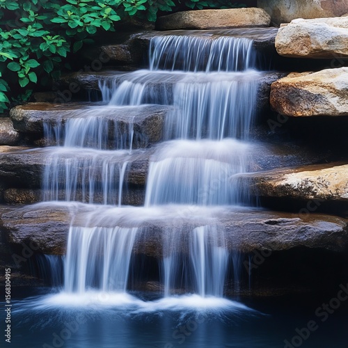Cascading Waterfall Over Rocks with Lush Greenery, Nature, Serene