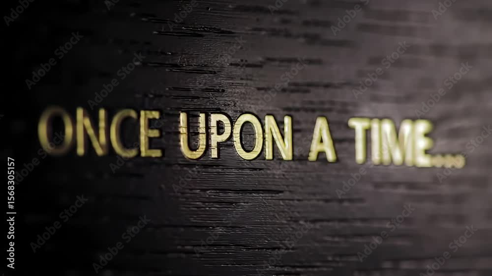 Once upon a time in gold lettering on a dark wood grain surface and slightly blurred