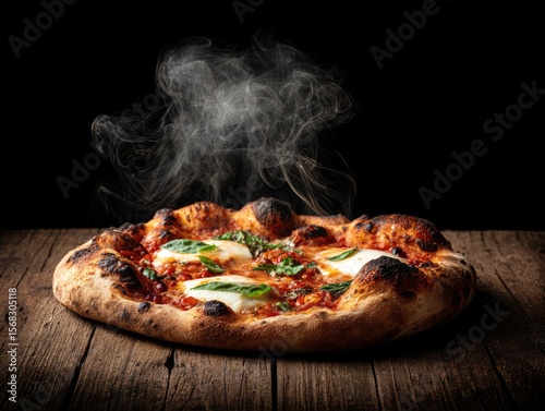Hot pizza, steaming, rustic wood