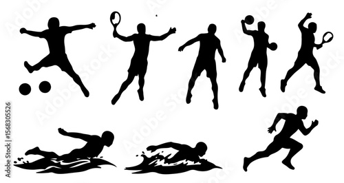Silhouette figures engaged in various sports activities including tennis swimming and running shown