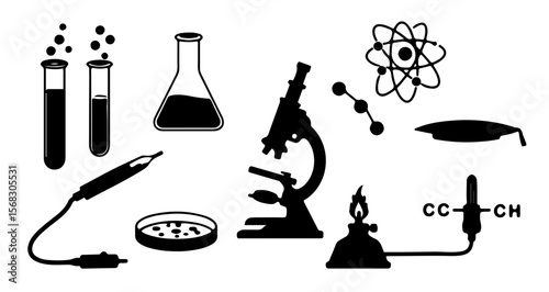 Illustration of science equipment including test tubes flasks and a microscope in black and white