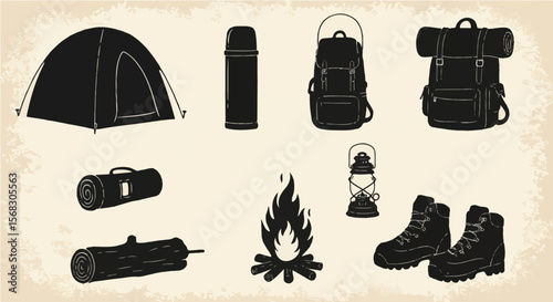 Illustration of camping equipment including a tent a thermos and backpacks and other essentials