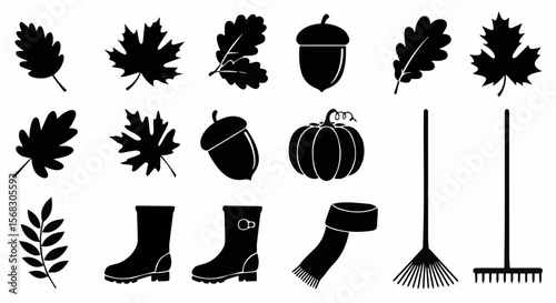 Silhouette autumn collection featuring leaves, acorns, pumpkin, boots, scarf, and rakes in black and white