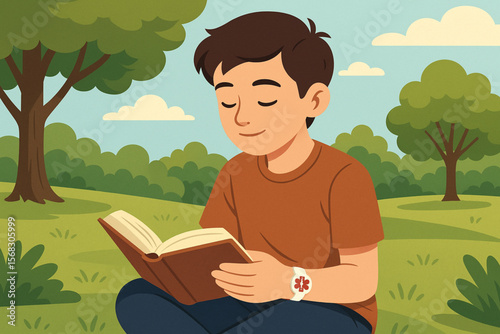 Vector Illustration of Teenage Boy with Medical Alert Bracelet Reading Book in Peaceful Park