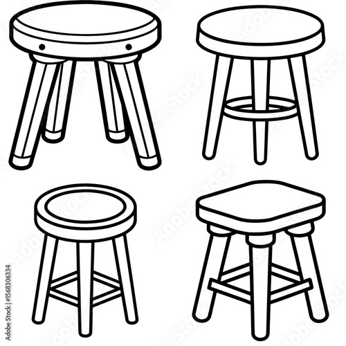 Wooden Stool Coloring Page – Black and White Line Art Furniture Illustration