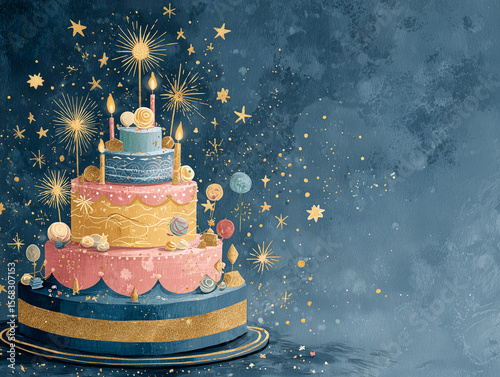 vibrant birthday card background featuring a cute layered cake with candles, stars and sparkles, pastel blue background.