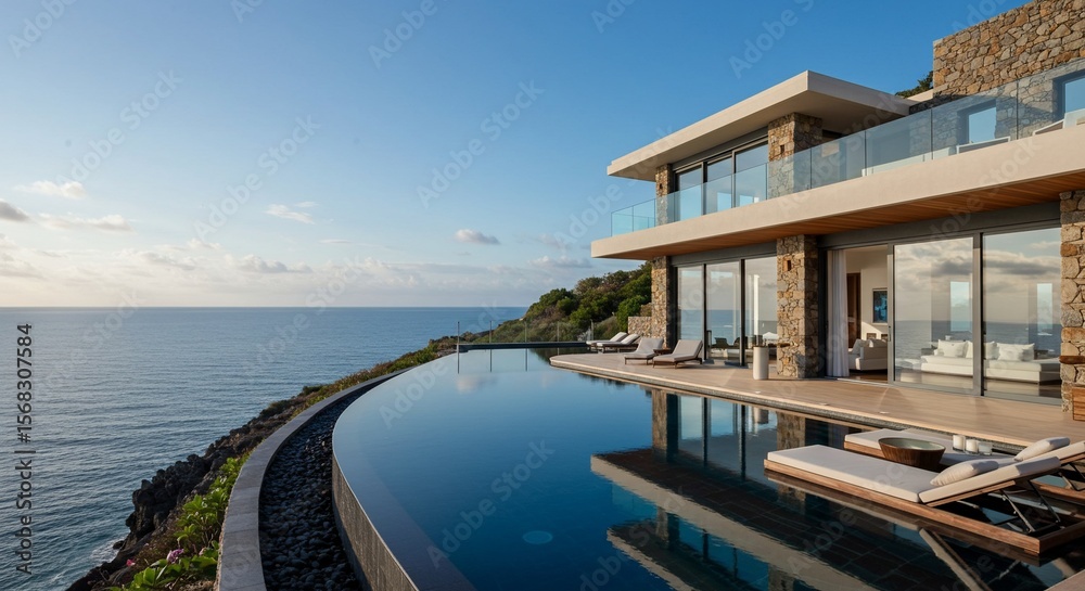 Fototapeta premium Cliffside Villa Infinity Pool Sunrise Ocean View